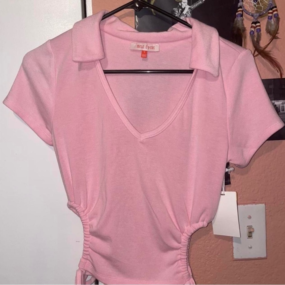 Baby Pink Collared V-neck Shirt w/ Openings & Ties